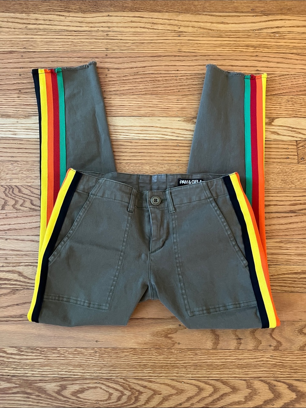 Pam & Gela Rainbow Side Stripe Pants Size 26 Olive Green Lace-Up Raw Hem